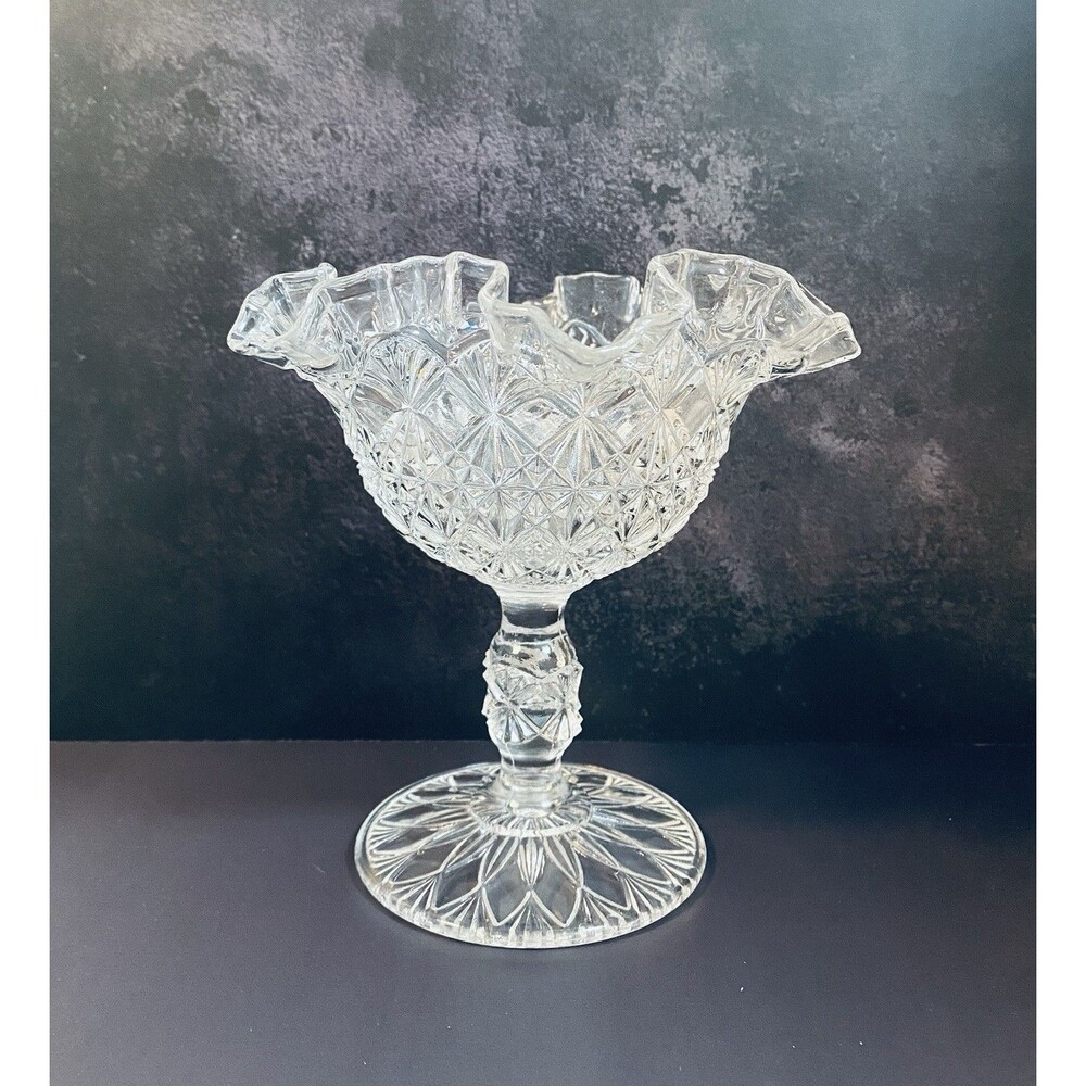 Vintage Fenton Clear Glass Compote, Candy Dish, Diamonds & Bows, Ruffled Rim